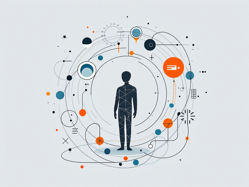 A minimalist illustration of a simplified human-like figure surrounded by geometric shapes, symbolizing AI autonomy and interconnectedness.