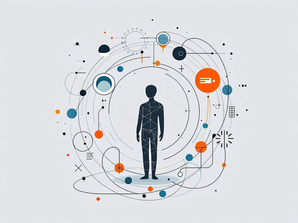 A minimalist illustration of a simplified human-like figure surrounded by geometric shapes, symbolizing AI autonomy and interconnectedness.