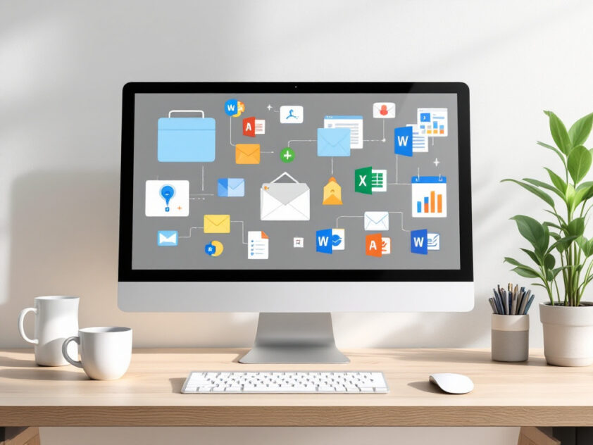 A clean, minimalist desktop with productivity icons in a light background.