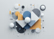 A minimalist geometric composition with overlapping three-dimensional shapes in muted colors.