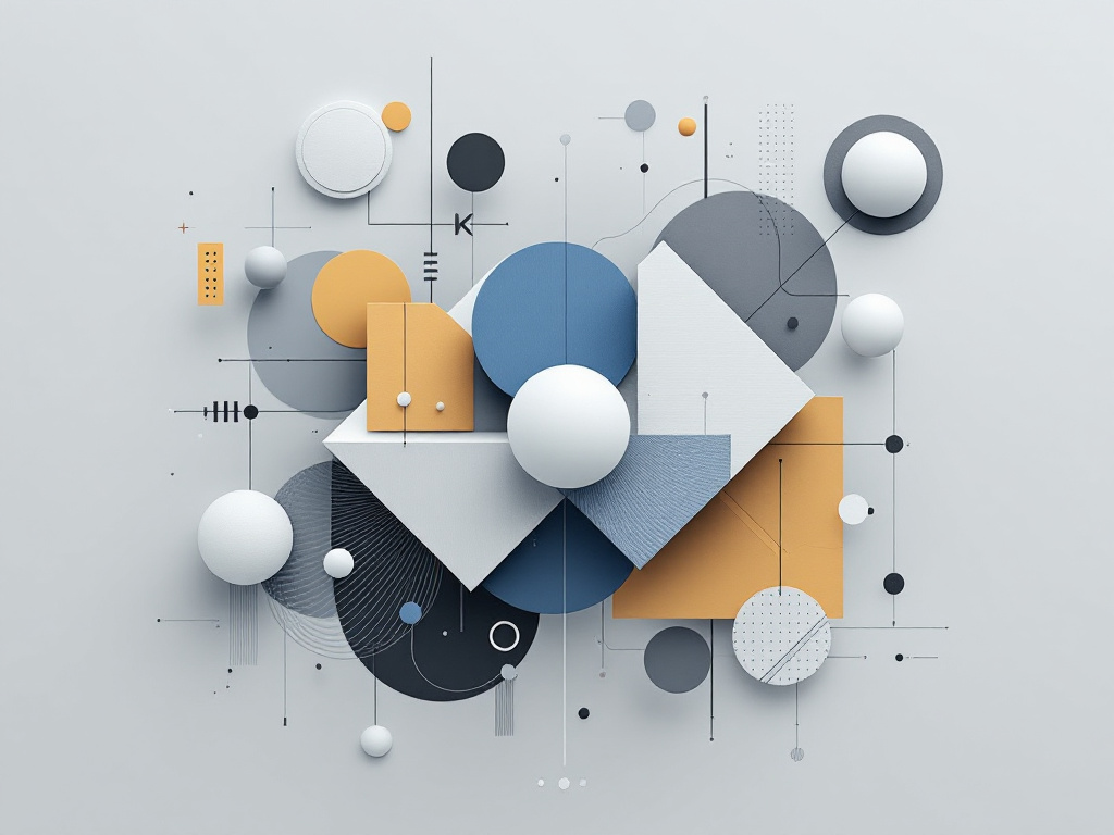 A minimalist geometric composition with overlapping three-dimensional shapes in muted colors.