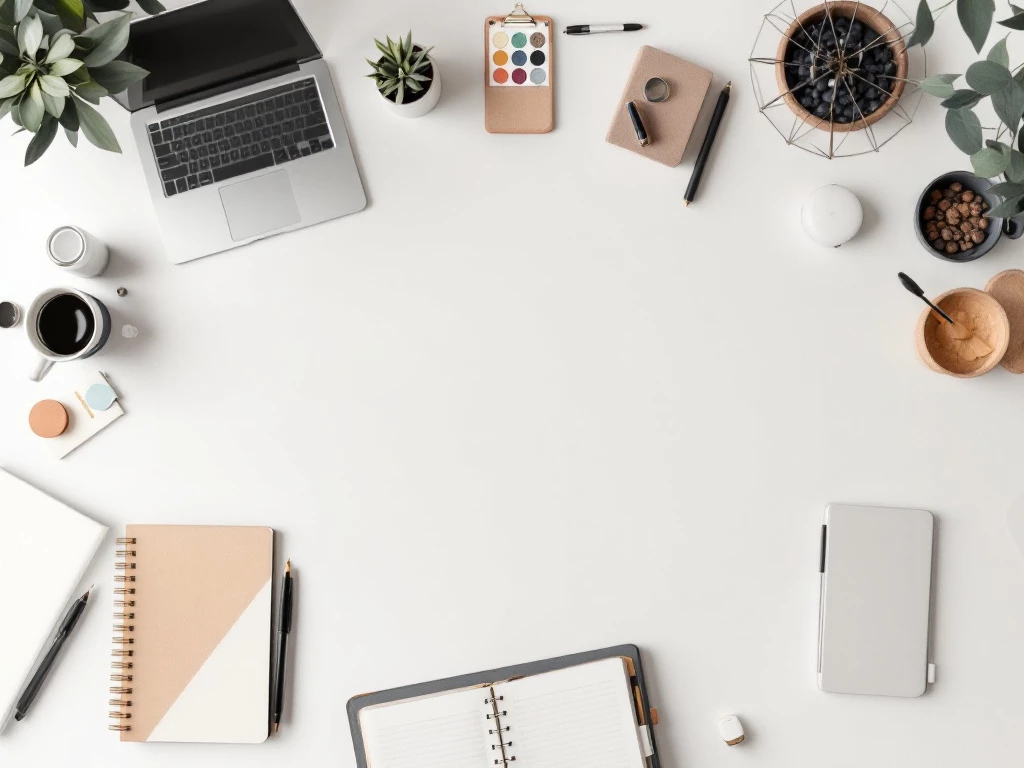 A minimalist, modern desktop scene with a laptop and office supplies.