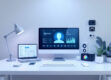 A sleek, minimalist desktop setup featuring various digital devices representing AI assistant technology.