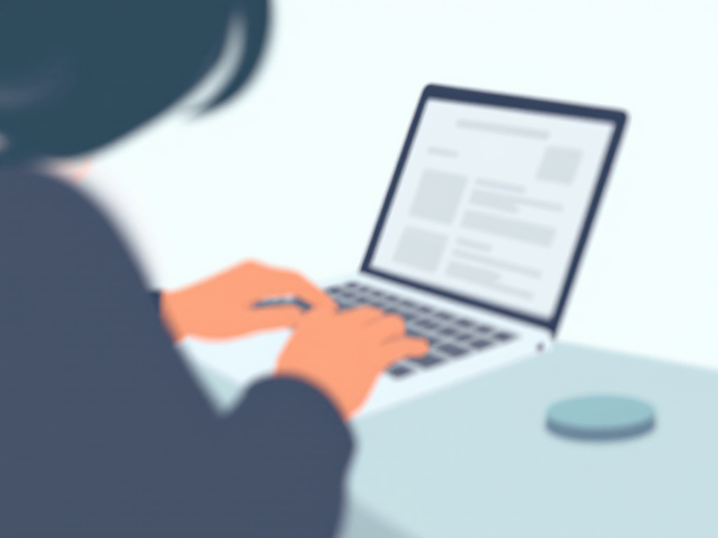 A minimalist illustration of a person focused on typing on a laptop keyboard with blurred keys and screen.