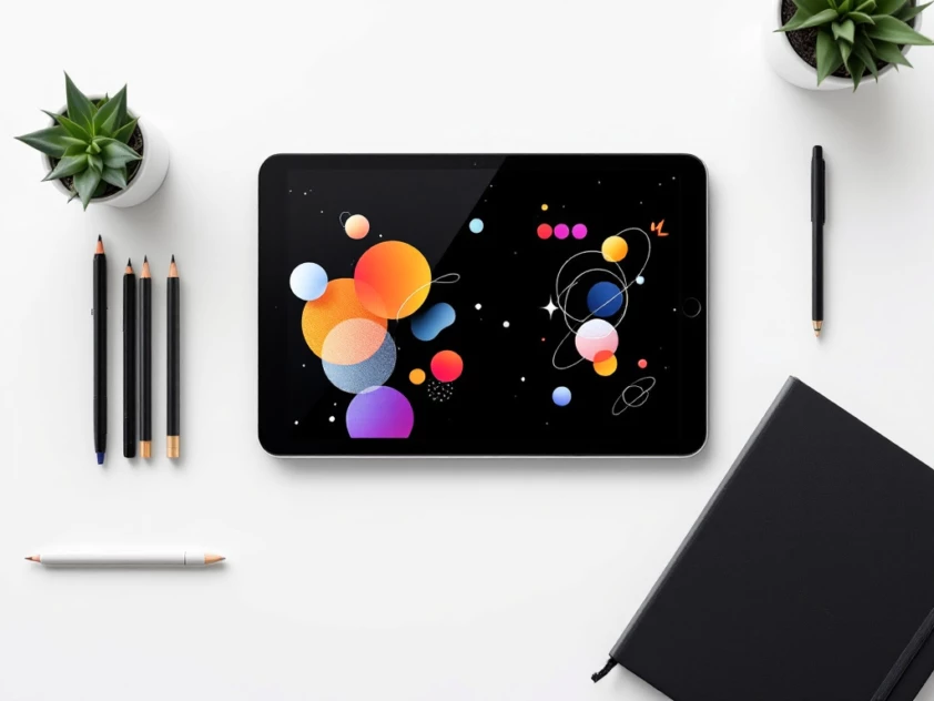A clean, minimalist workspace with a modern tablet displaying colorful handwritten notes surrounded by office supplies.