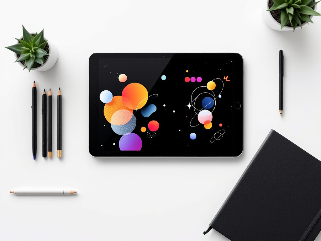 A clean, minimalist workspace with a modern tablet displaying colorful handwritten notes surrounded by office supplies.