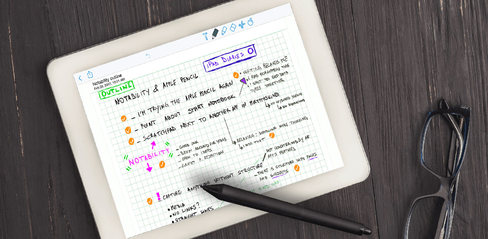 A digital notebook with colorful notes and sketches about Notability.