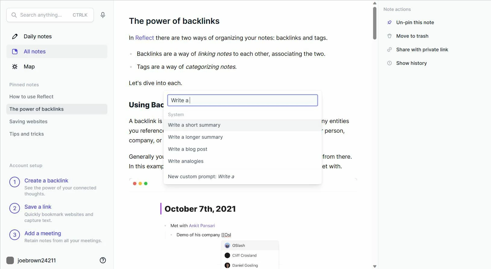 Note-taking application interface with features and sidebar.