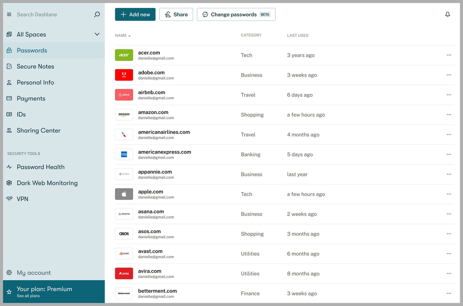 User interface for a password manager showing saved passwords list.