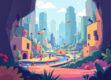 A minimalist digital illustration of a playful game world with abstract shapes and vibrant colors.