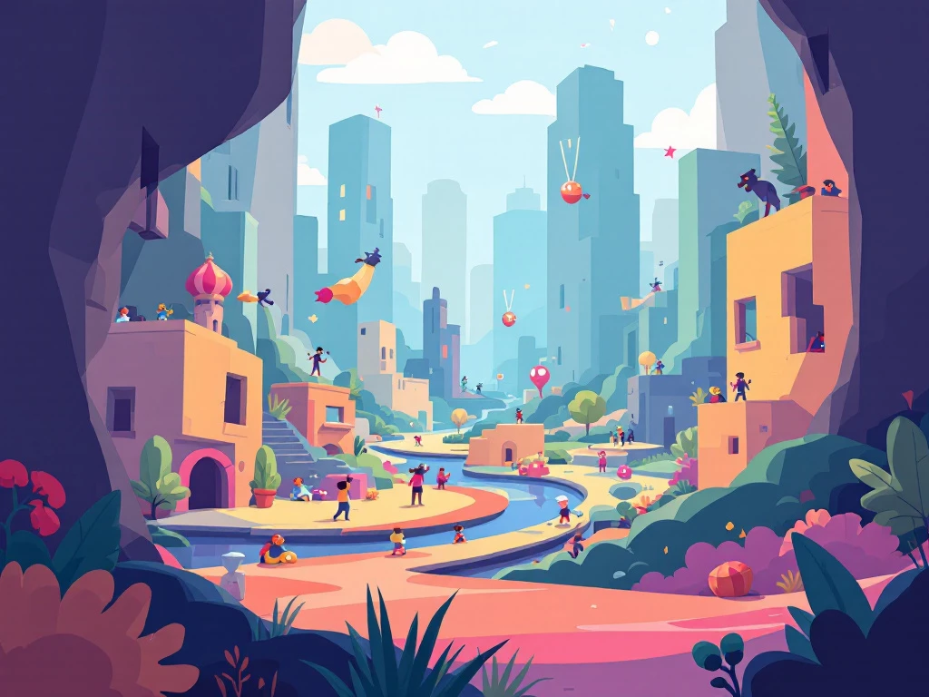 A minimalist digital illustration of a playful game world with abstract shapes and vibrant colors.