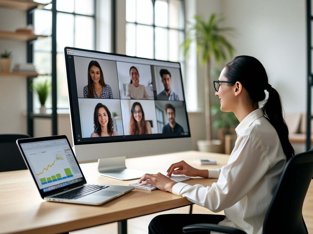 A professional woman with glasses in a video conference setting.