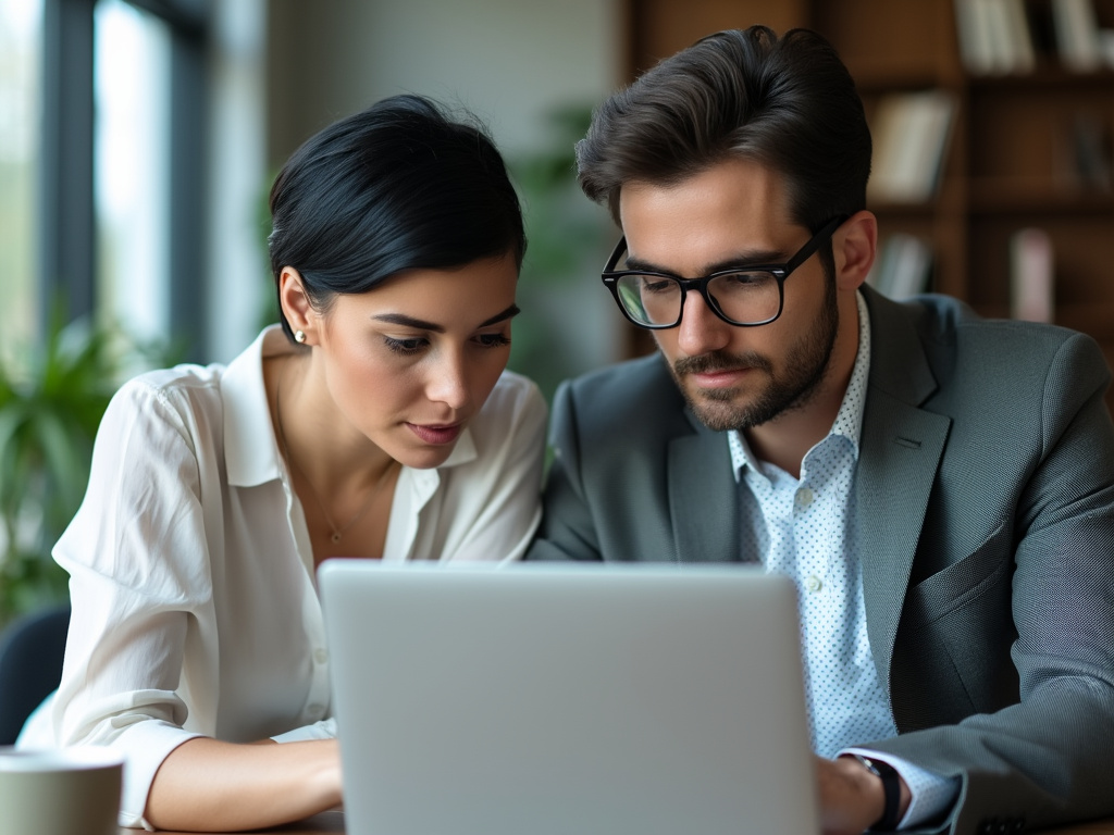 A woman and a man focused on a laptop in a professional setting.