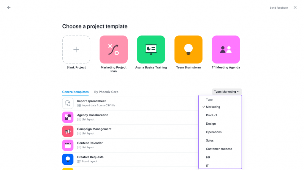 A digital interface showing project template options and categories.