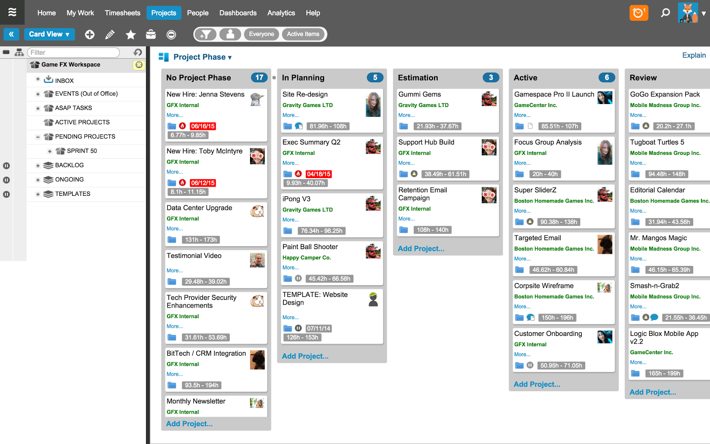 Project management interface showing categorized projects and details.