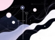 Illustration depicting core concepts of reinforcement learning with geometric shapes and lines in a modern style.