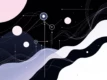 Illustration depicting core concepts of reinforcement learning with geometric shapes and lines in a modern style.