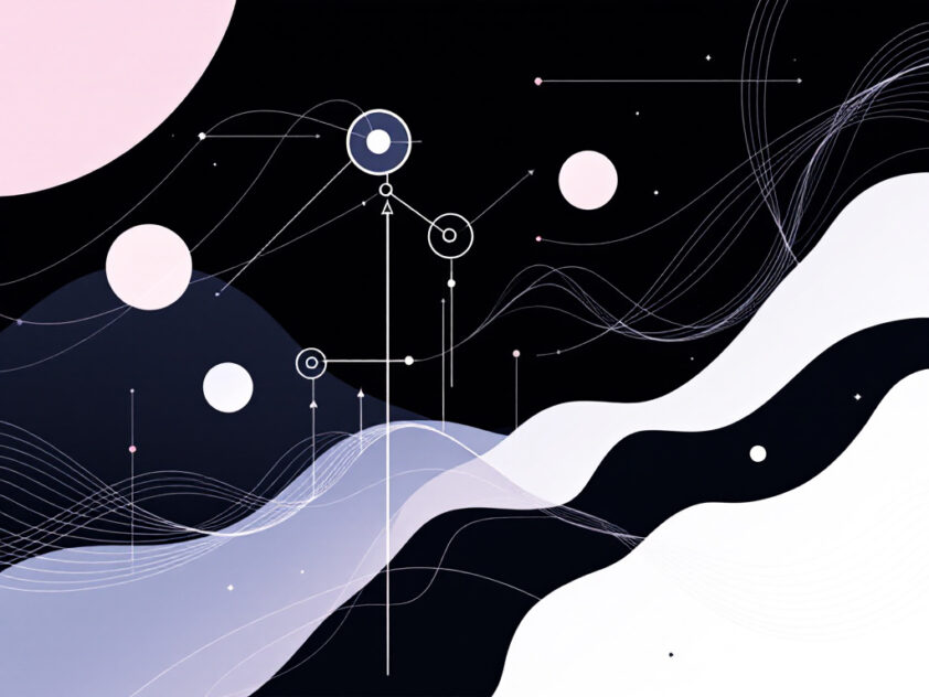 Illustration depicting core concepts of reinforcement learning with geometric shapes and lines in a modern style.