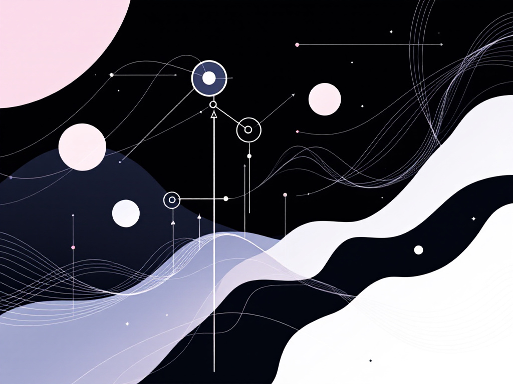 Illustration depicting core concepts of reinforcement learning with geometric shapes and lines in a modern style.