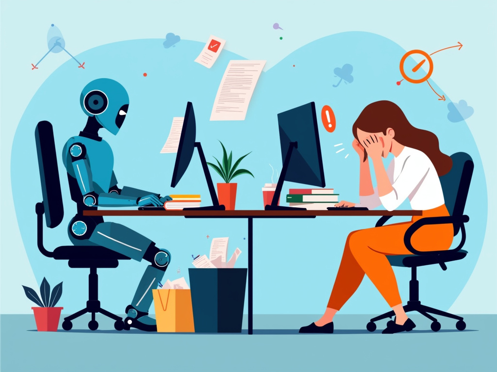 A blue robot works at a computer as a frustrated woman manages paperwork.