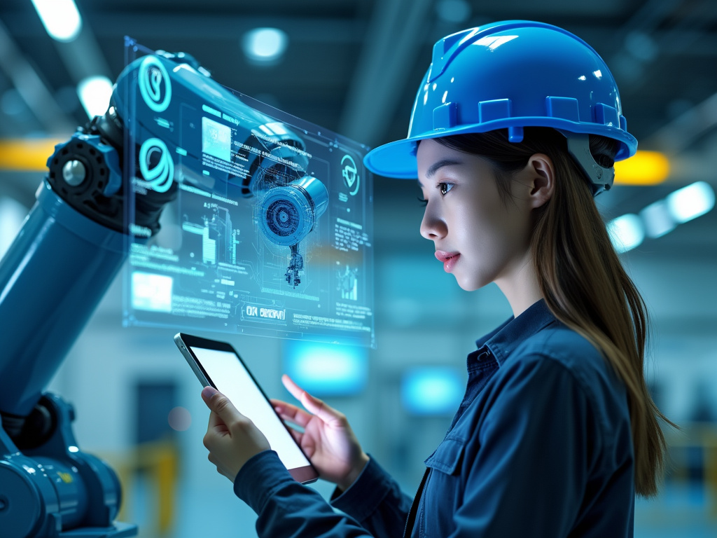 A robotic arm with a female engineer holding a tablet.