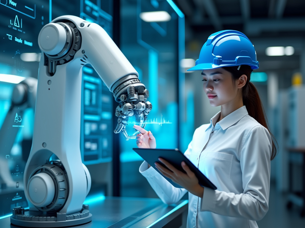 A woman with a tablet collaborating with a robotic arm.