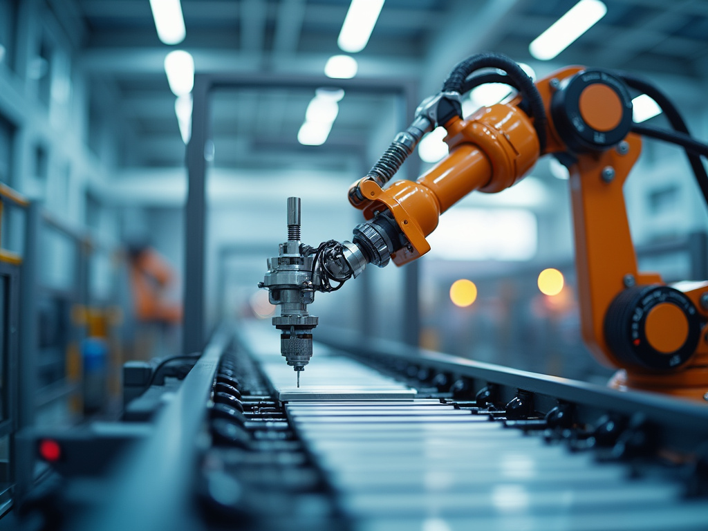 A robotic arm on a conveyor belt in a high-tech factory setting.