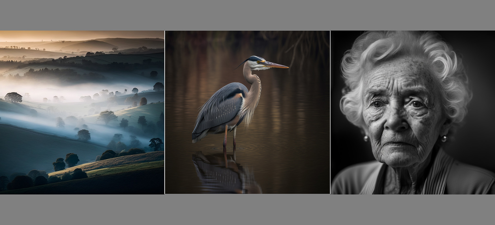 A serene landscape with misty hills, a heron by water, and an elderly woman