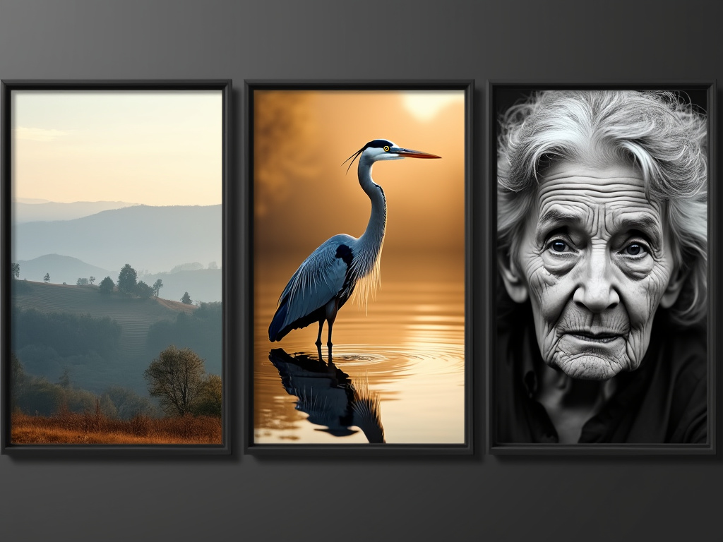 A triptych featuring a misty landscape, a heron by water, and a portrait of an elderly woman.