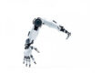 A sleek, angular robotic arm in motion on a white background, showcasing its dynamic capabilities and advanced technology.