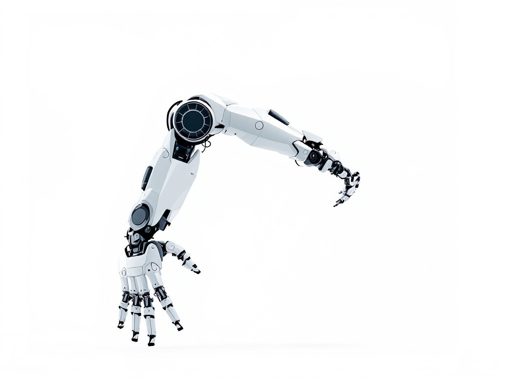 A sleek, angular robotic arm in motion on a white background, showcasing its dynamic capabilities and advanced technology.