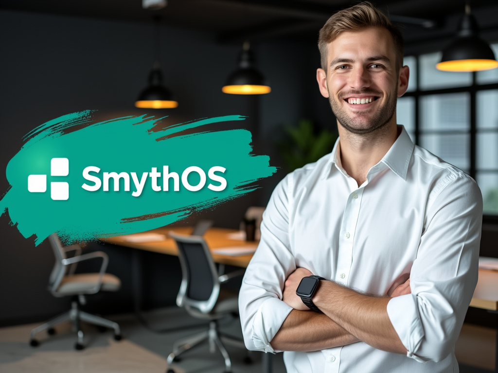 A confident speaker with arms crossed in a modern office promoting SmythOS Academy