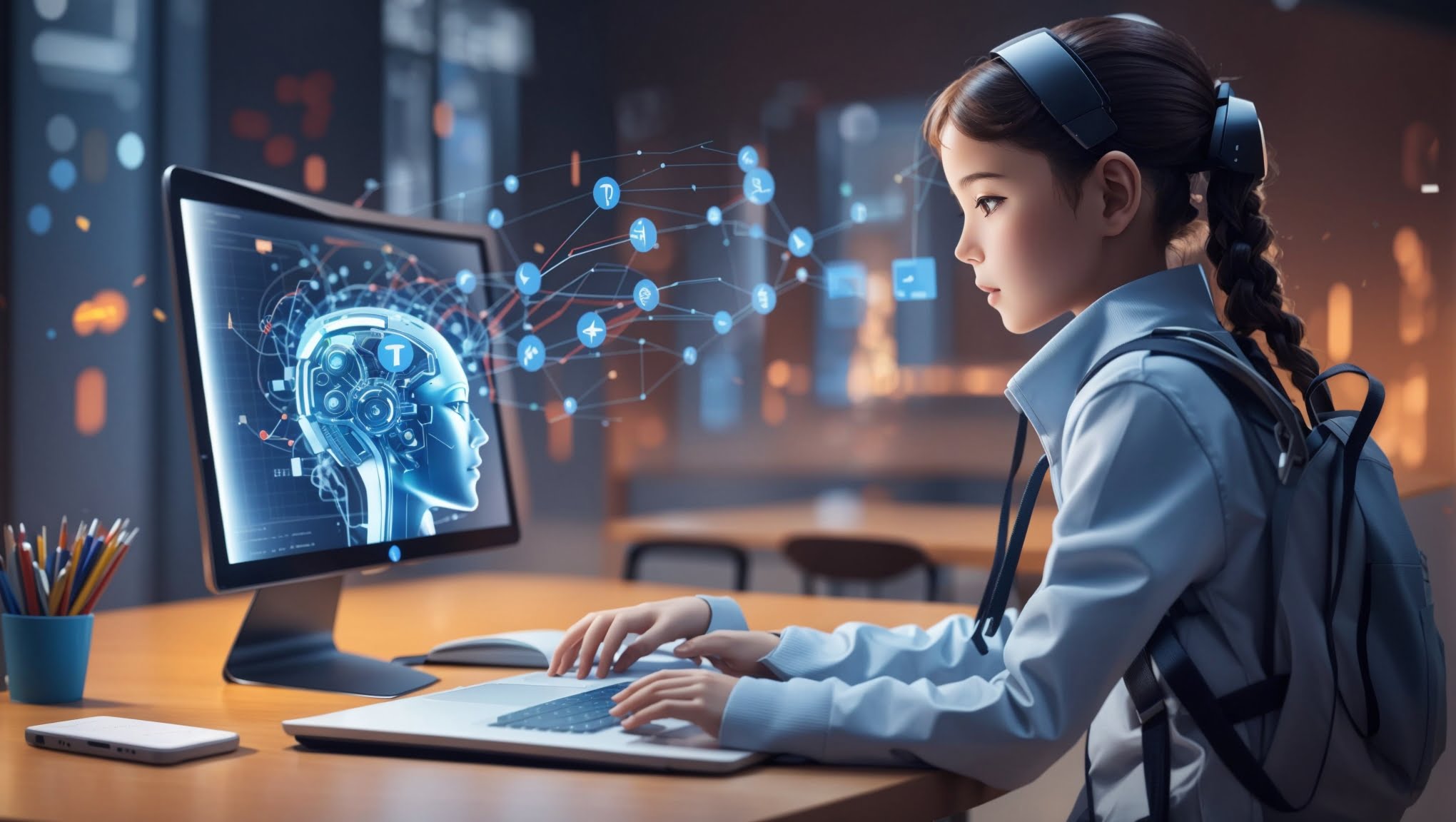 A student with a backpack using a laptop with holographic projections.