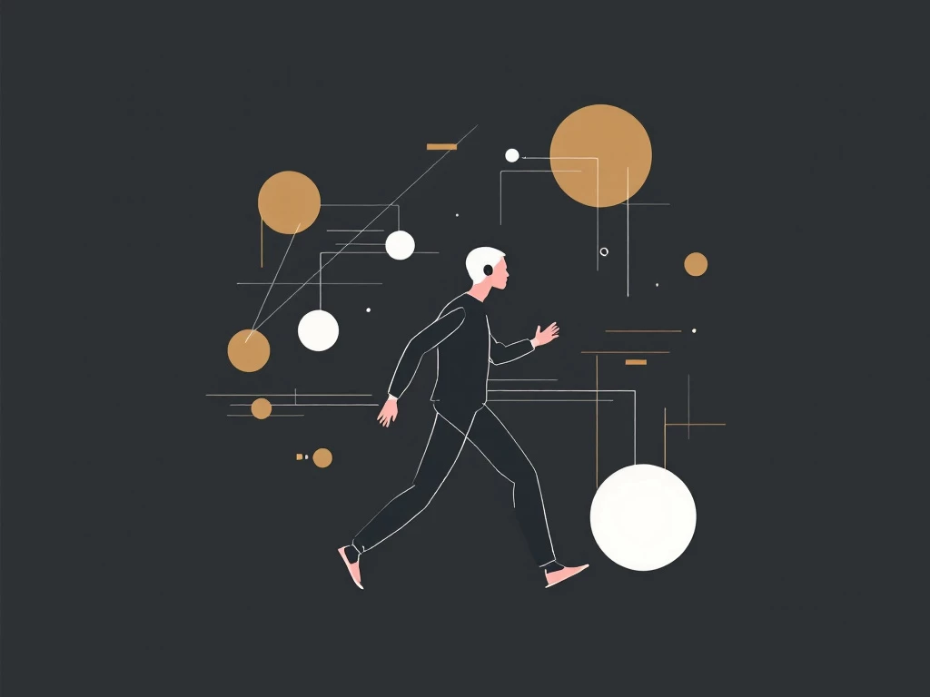 A minimalist abstract illustration of a stylized human figure in motion surrounded by geometric shapes representing artificial intelligence and machine learning.