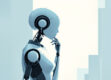 A sleek, minimalist illustration of a robotic figure in a thoughtful pose.