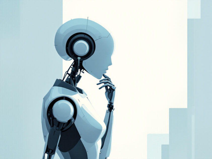 A sleek, minimalist illustration of a robotic figure in a thoughtful pose.