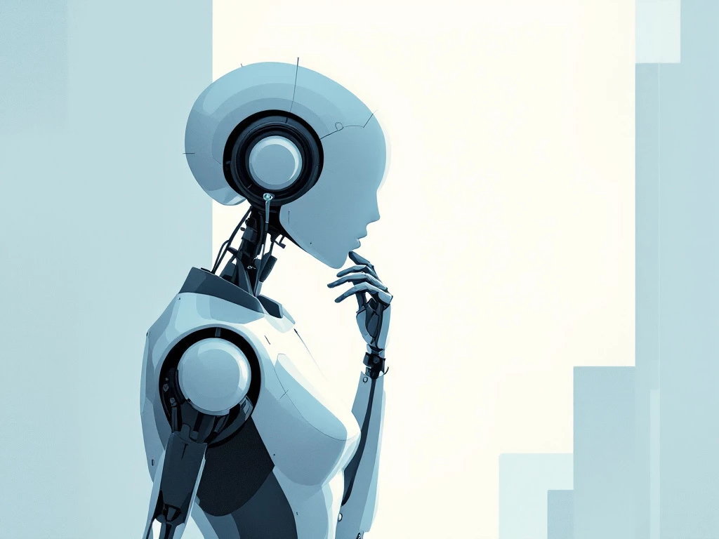A sleek, minimalist illustration of a robotic figure in a thoughtful pose.