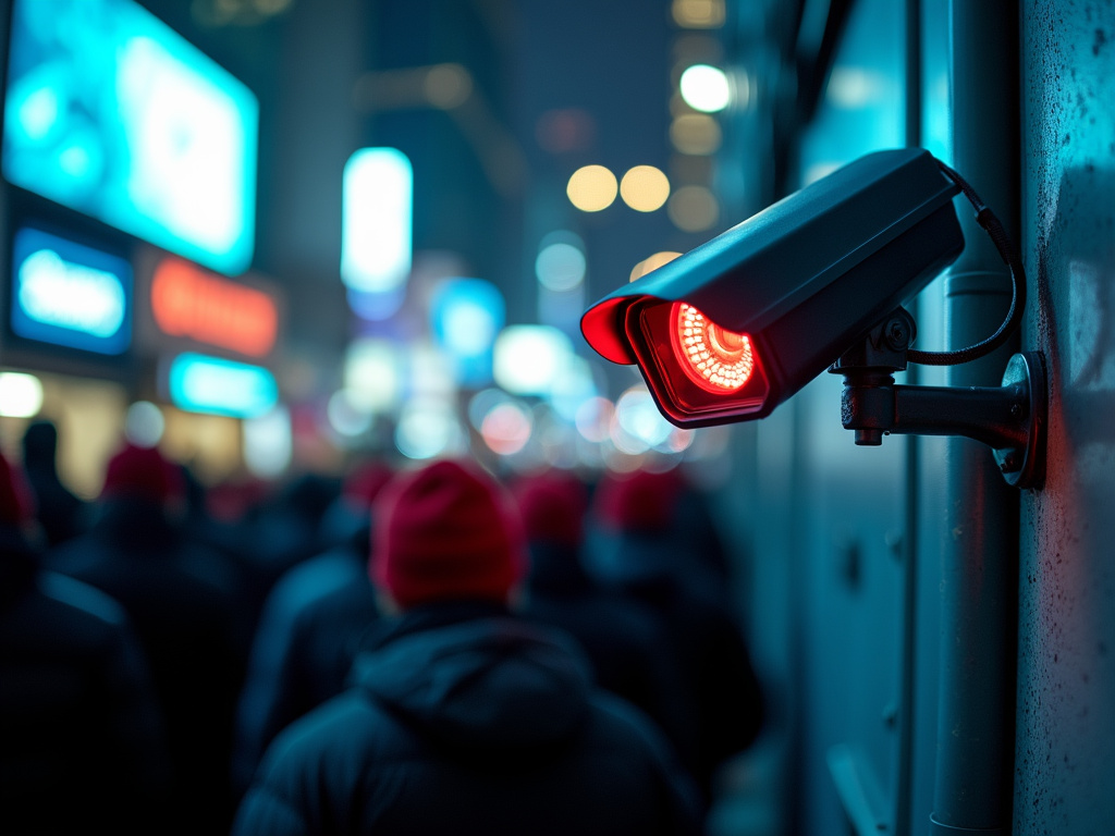 A surveillance camera with a glowing red light overlooks a crowd.