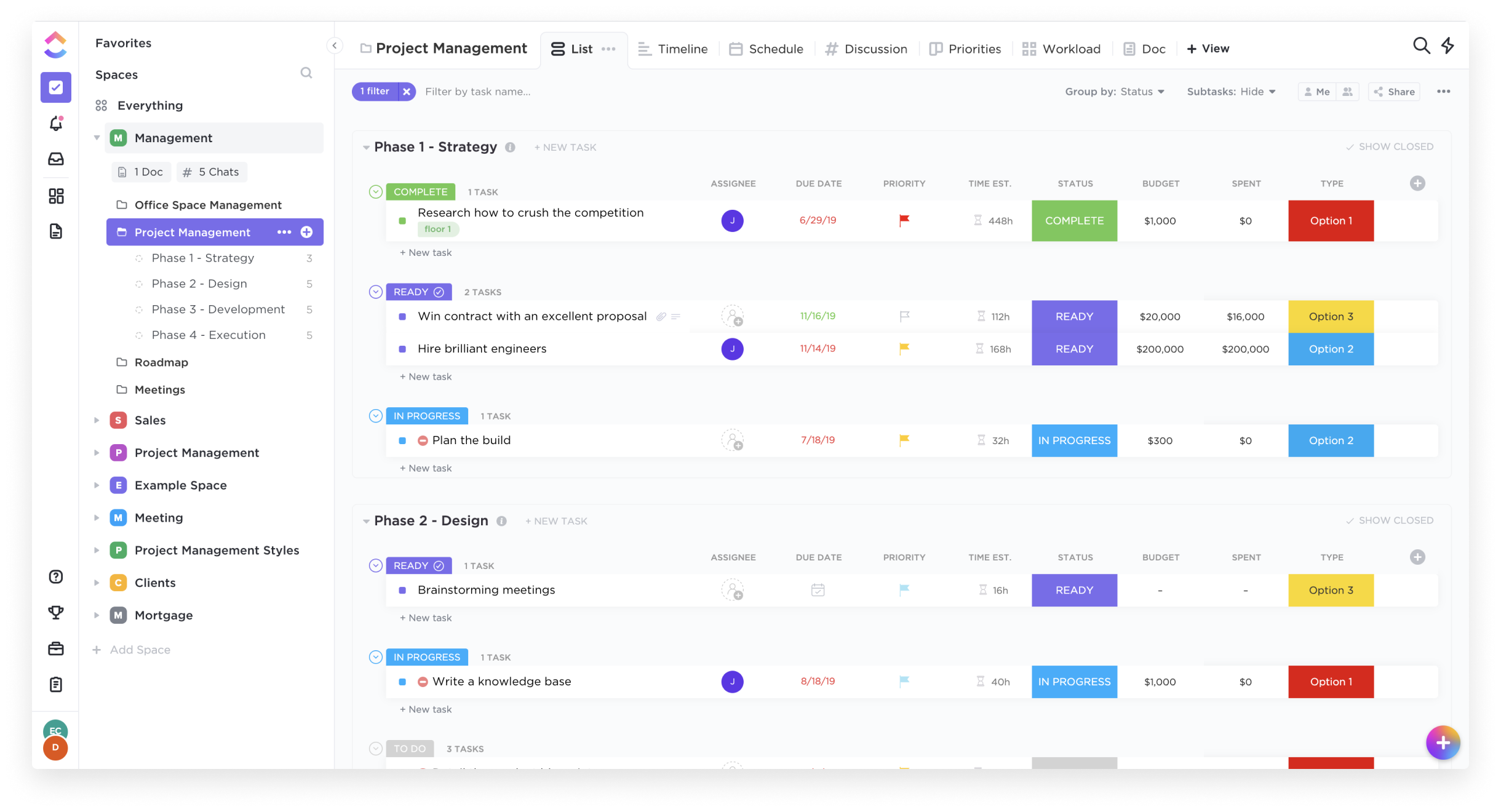 A task management interface showcasing project phases and statuses.