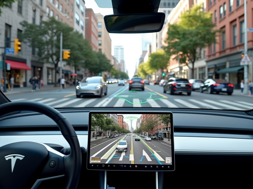 Interior view of a Tesla with self-driving technology displayed.