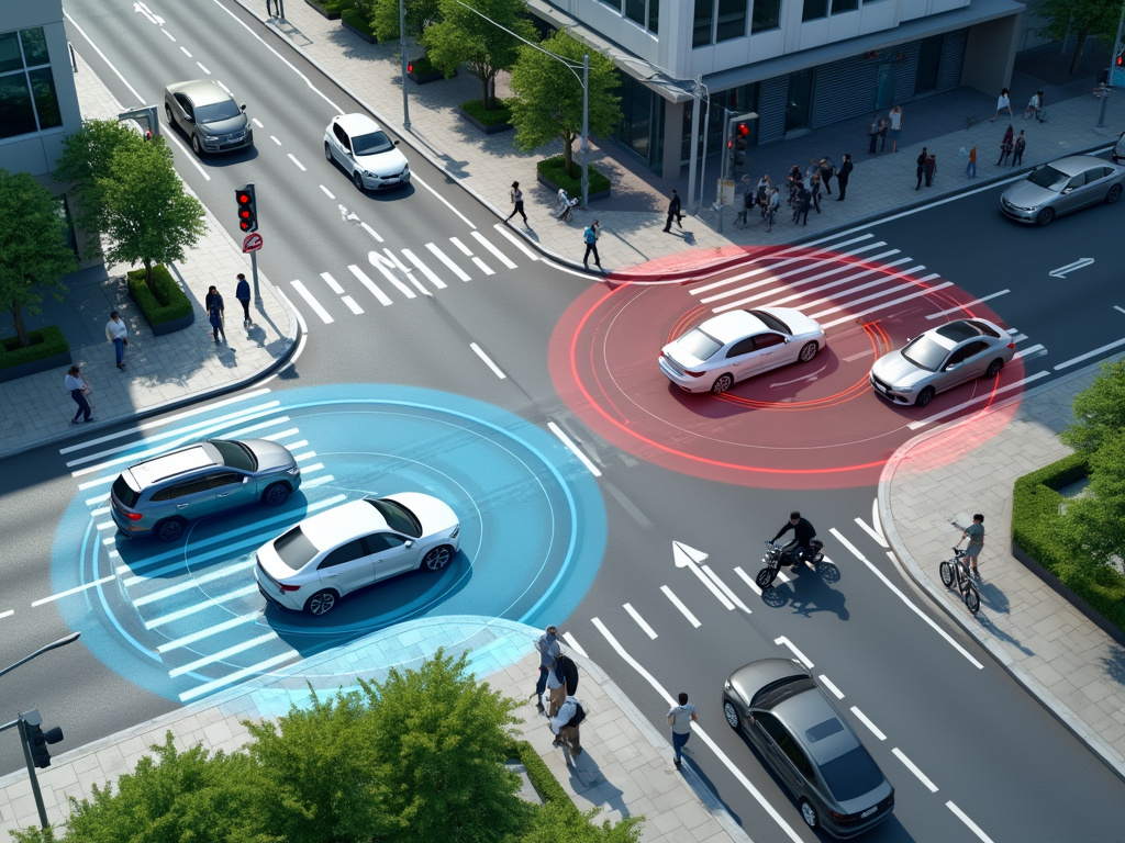 A busy urban intersection displaying vehicles, pedestrians, and tech overlays.