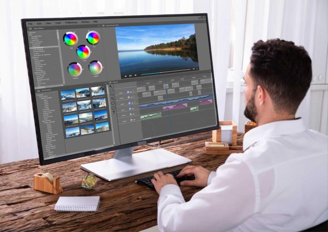 Person using video editing software on a large monitor