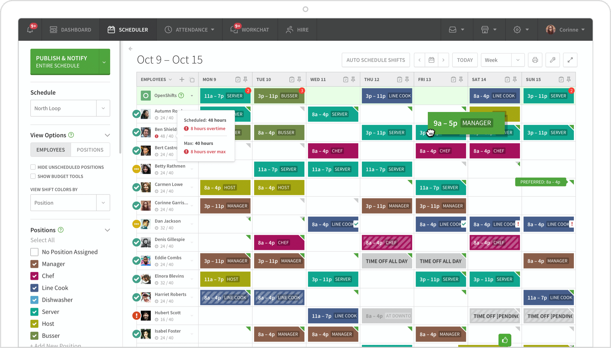 Weekly schedule showing staff shifts and positions