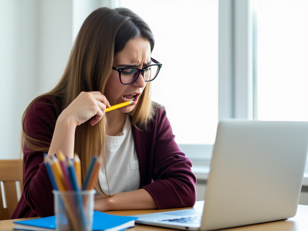 A woman with long hair and glasses biting a pencil at a desk with colorful pencils while working on a laptop.