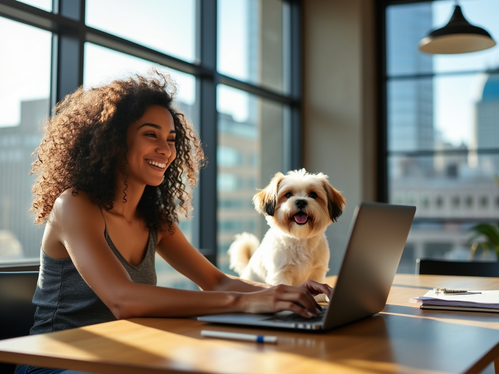 A woman with curly hair working on a laptop while petting a dog.