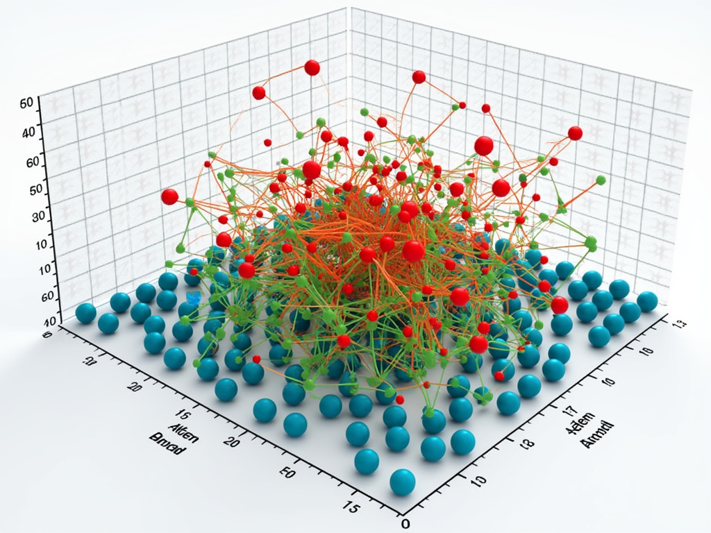 A 3D scatter plot with red, green, and blue spheres and connecting lines.