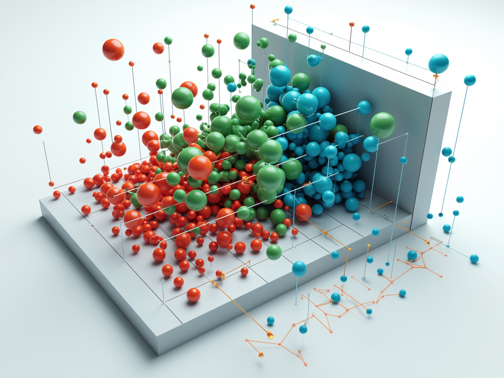 A 3D scatter plot with red, green, and blue spheres and connecting lines.