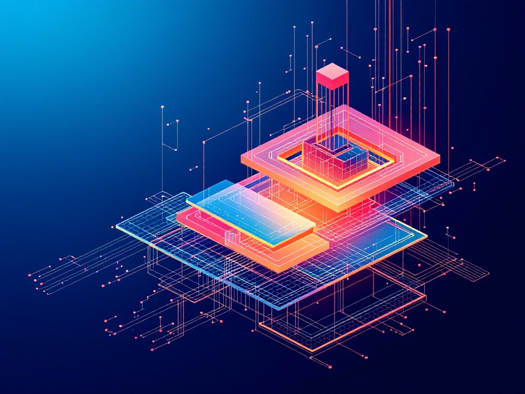 A digital illustration of an abstract, layered architectural design with interconnected geometric shapes and lines.