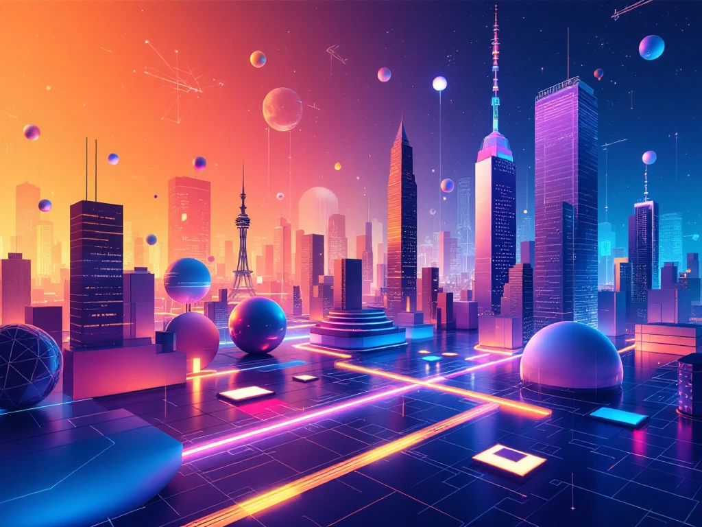 A stylized, abstract cityscape with glowing geometric shapes and patterns, evoking a sense of technological innovation.