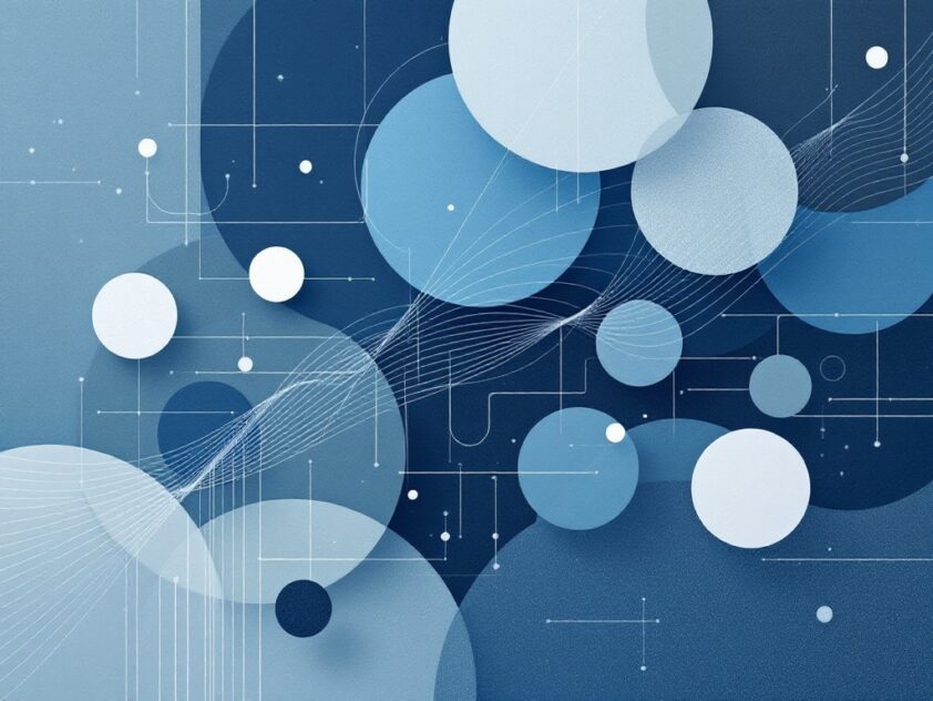 A minimalist abstract composition featuring geometric shapes and lines in shades of blue, gray, and white.